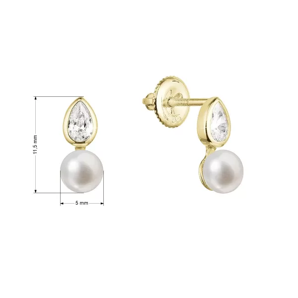 Zlaté 14 karátové náušnice zo žltého zlata s bielou riečnou perlou a zirkónmi 91PZ00053
