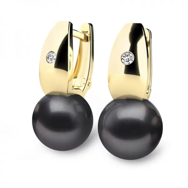 Náušnice žlté zlato 585/1000, prírodné diamanty 0,032ct, prírodné perly 10988ZL-DIA-Black