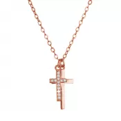 Pozlátený strieborný ROSE náhrdelník dva malé krížiky a biele zirkóny 12059.1 crystal