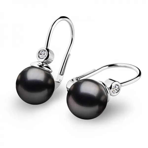 Náušnice biele zlato 585/1000 prírodné diamanty 0.054ct, prírodné čierne perly, 10868B-DIA-Black
