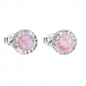 Strieborné náušnice kôstky so syntetickým opálom a Preciosa kryštály ružové okrúhle 31217.1 lt.rose