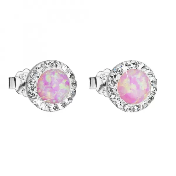 Strieborné náušnice kôstky so syntetickým opálom a Preciosa kryštály ružové okrúhle 31217.1 lt.rose