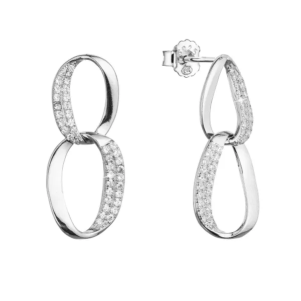 Strieborné náušnice visiace oválky so zirkónmi bielej 11449.1