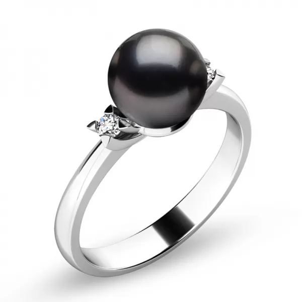 Dámsky prsteň biele zlato 585/1000 prírodný diamant 0,050 ct perla 10888-B-Black