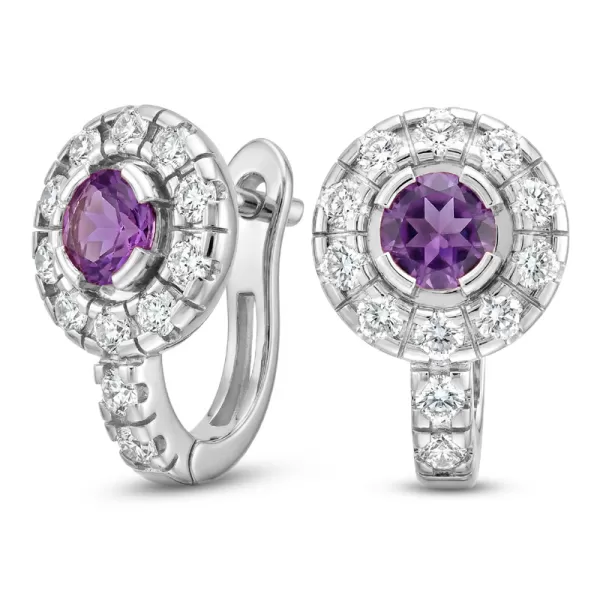 Náušnice biele zlato 585/1000, prírodné diamanty a ametysty, 109015-B-AME