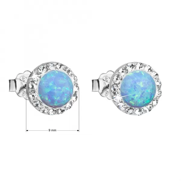 Strieborné náušnice kôstky so syntetickým opálom a Preciosa kryštály svetlo modré okrúhle 31217.1 lt.blue