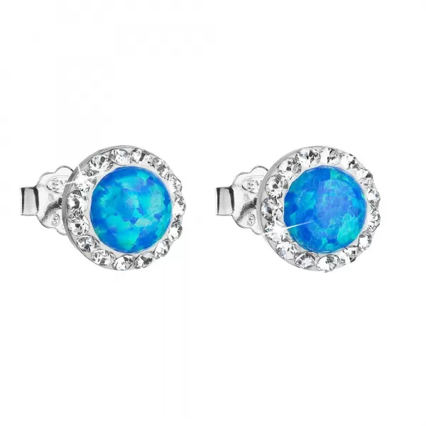 Strieborné náušnice kôstky so syntetickým opálom a Preciosa kryštály modré okrúhle 31217.1 blue