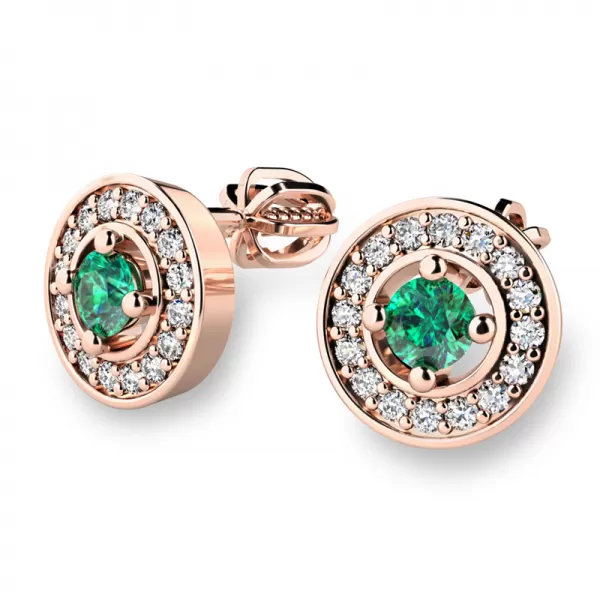 Náušnice ružové zlato 585/1000, prírodné diamanty a smaragdy, 10921-CV-SMAR