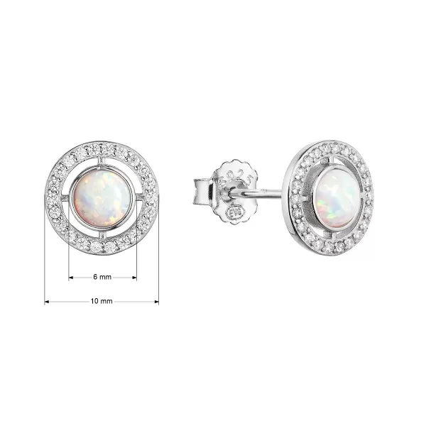 Strieborné náušnice kôstky s bielym okrúhlym syntetickým opálom a zirkónmi 11468.1 white