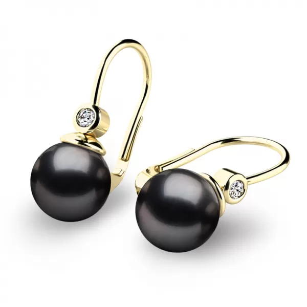 Dámske náušnice žlté zlato 585/1000 prírodný diamant 0,054 ct perla 10868-DIA-Black