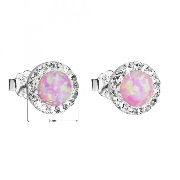 Strieborné náušnice kôstky so syntetickým opálom a Preciosa kryštály ružové okrúhle 31217.1 lt.rose