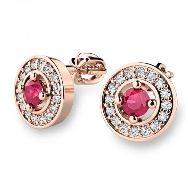 Náušnice ružové zlato 585/1000, prírodné diamanty a rubíny, 10921-CV-RUB