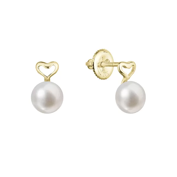 Zlaté 14 karátové náušnice kôstky žlté zlato srdiečko s bielou riečnou perlou 91P00048