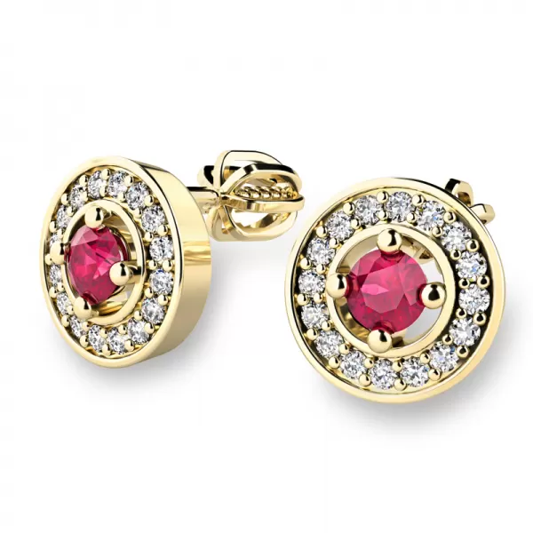 Náušnice žlté zlato 585/1000, prírodné diamanty a rubíny, 10921-ZL-RUB