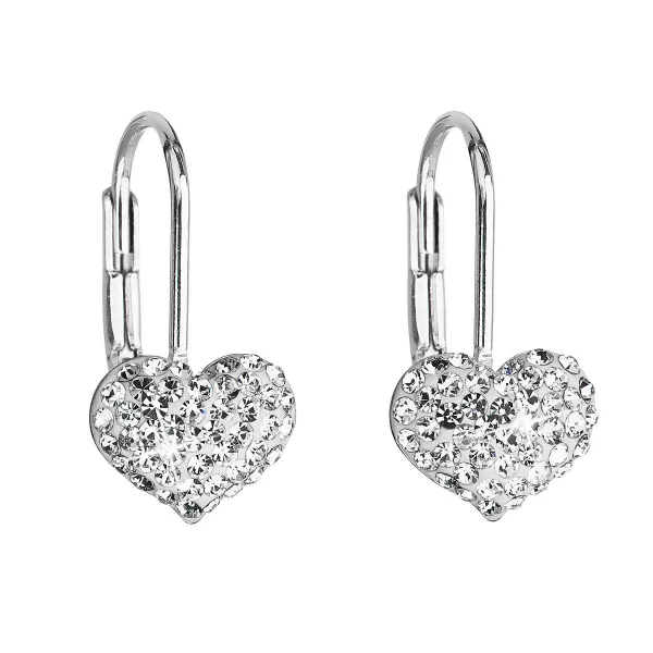 Strieborné náušnice visiace s kryštálmi Swarovski biele srdce 31125.1