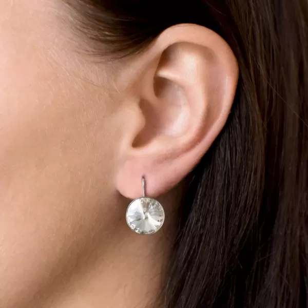 Strieborné náušnice visiace s kryštálmi Swarovski biele okrúhle 31106.1