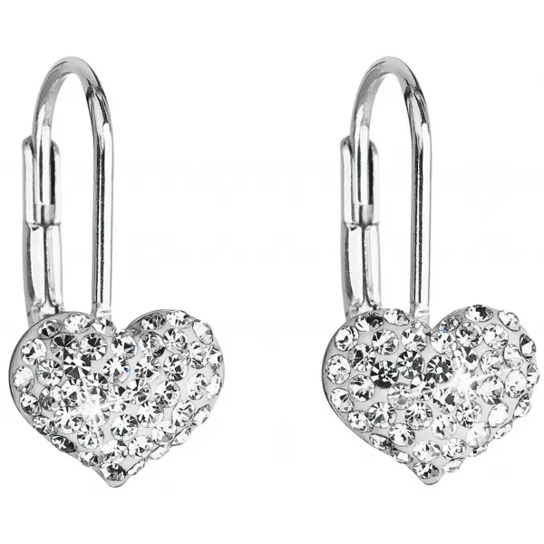 Strieborné náušnice visiace s kryštálmi Swarovski biele srdce 31125.1