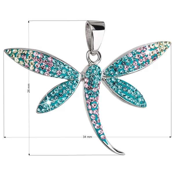 Strieborný prívesok s kryštálmi Swarovski modro-zelená vážka 34164.3