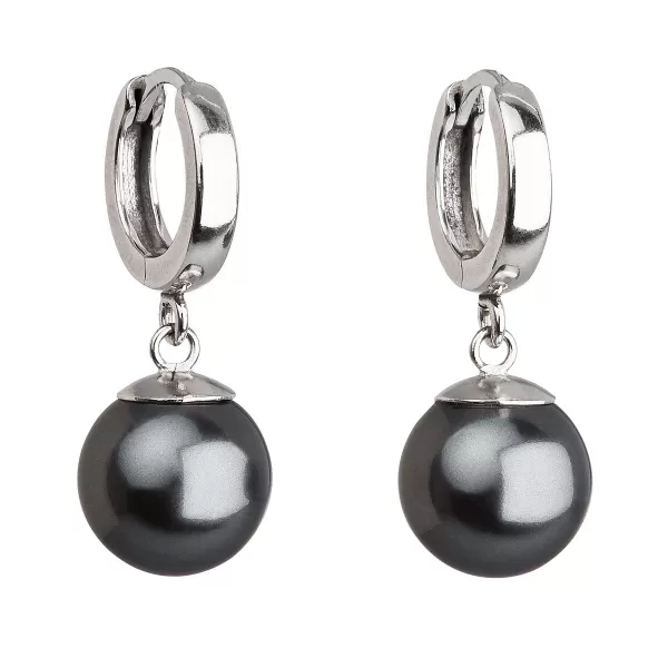 Strieborné náušnice visiace s perlou Swarovski sivé okrúhle 31151.3