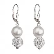 Strieborné náušnice visiace so syntetickými perlami a kryštálmi Swarovski biele okrúhle 31155.1