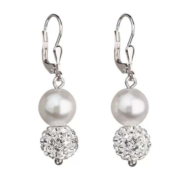 Strieborné náušnice visiace so syntetickými perlami a kryštálmi Swarovski biele okrúhle 31155.1