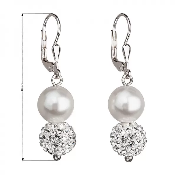 Strieborné náušnice visiace so syntetickými perlami a kryštálmi Swarovski biele okrúhle 31155.1