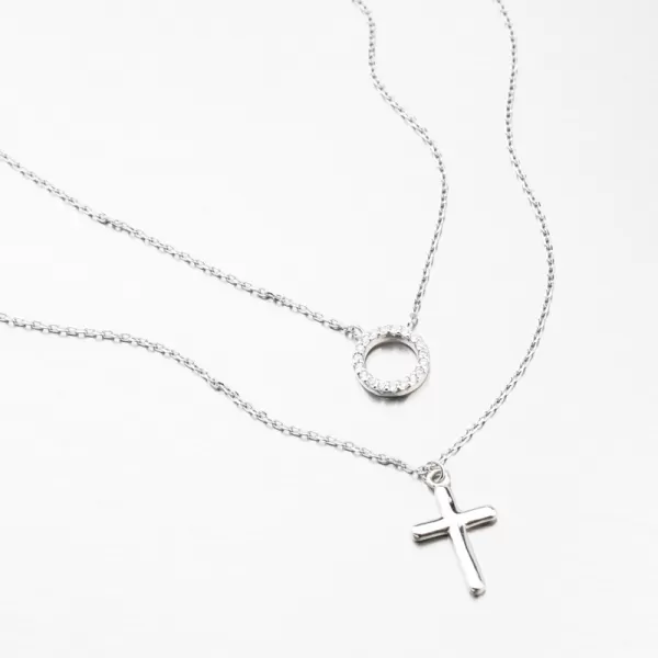 Dvojitý strieborný náhrdelník s krížikom a so zirkónmi TSST-151540