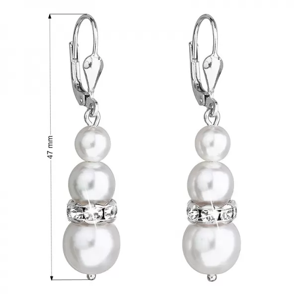 Strieborné náušnice visiace so syntetickými perlami a kryštálmi Swarovski biele okrúhle 31150.1