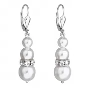 Strieborné náušnice visiace so syntetickými perlami a kryštálmi Swarovski biele okrúhle 31150.1