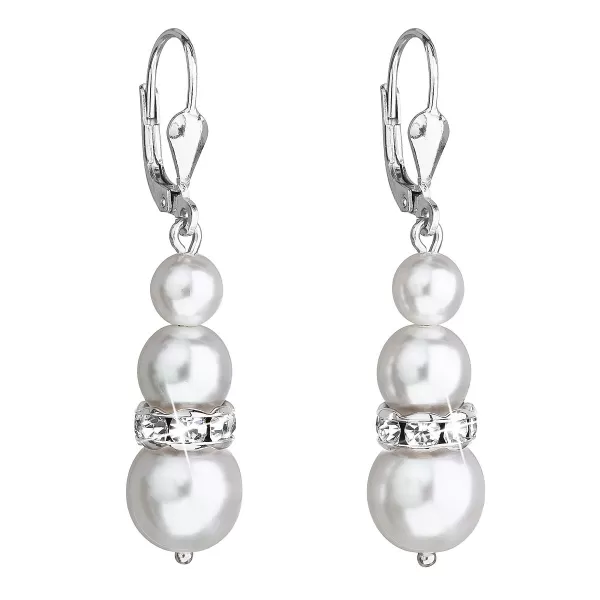 Strieborné náušnice visiace so syntetickými perlami a kryštálmi Swarovski biele okrúhle 31150.1