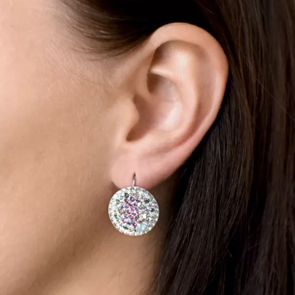Strieborné náušnice visiace s kryštálmi Swarovski mix farieb okrúhle 31161.3 sakura