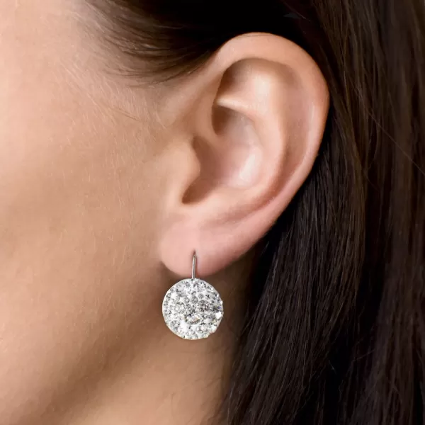 Strieborné náušnice visiace s kryštálmi Swarovski biele okrúhle 31176.1