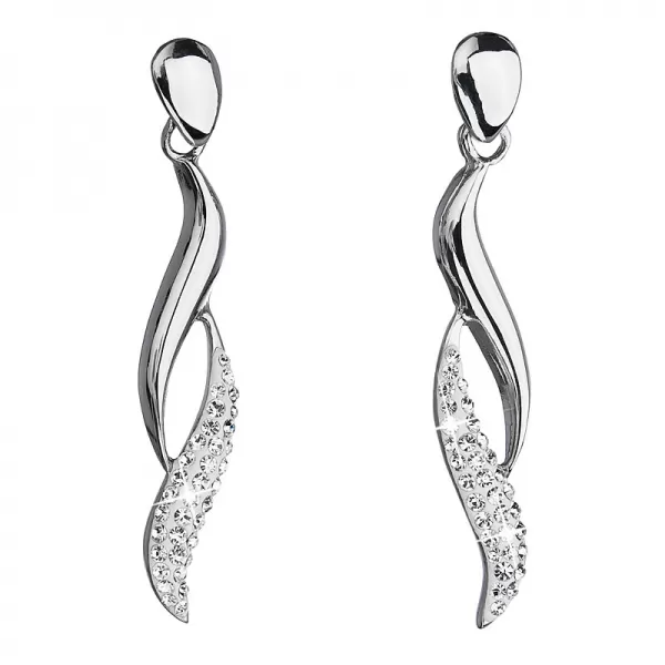 Strieborné náušnice visiace s kryštálmi Swarovski biele vlnky 31162.1