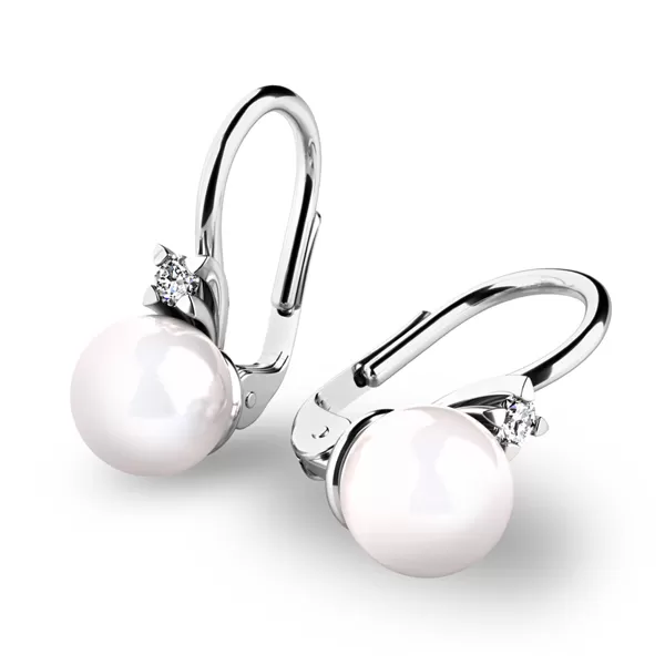 Dámske náušnice biele zlato 585/1000 prírodný diamant 0,050 ct perla 10889-B-DIA-FW