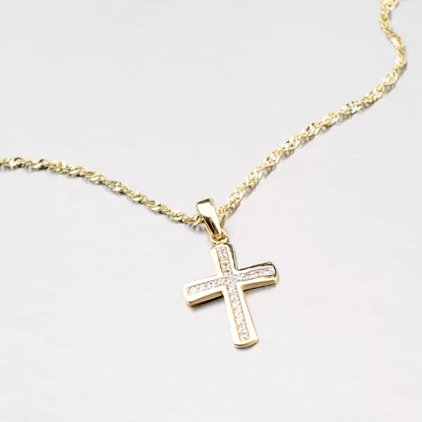 Zlatý prívesok v tvare kríža so zirkónmi 43-21343