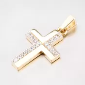 Zlatý prívesok v tvare kríža so zirkónmi 43-21344
