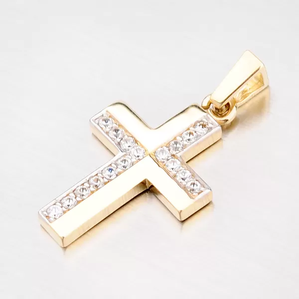 Zlatý prívesok v tvare kríža so zirkónmi 43-21344