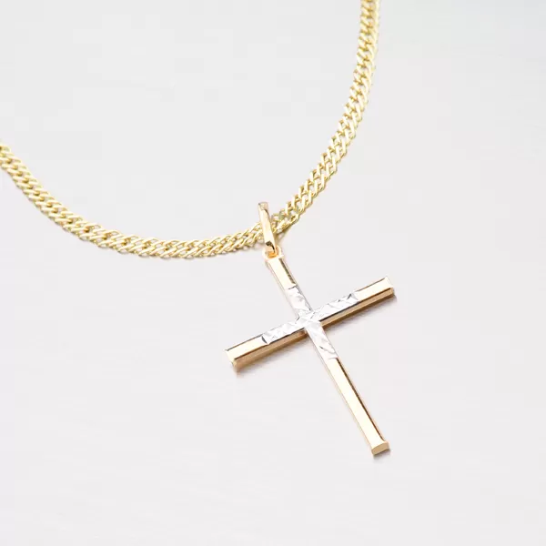 Zlatý prívesok v tvare kríža s gravírovaním 43-2758