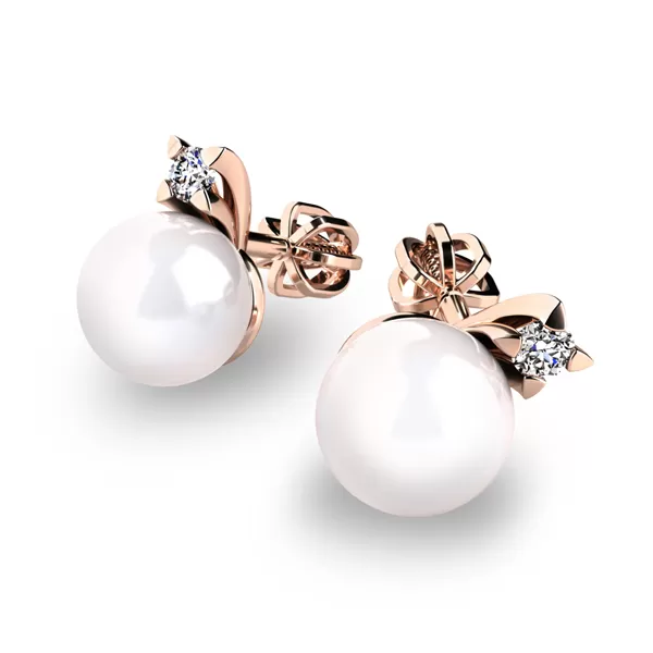 Dámske náušnice ružové zlato 585 prírodný diamant s perlami 10890-CV-DIA-FW
