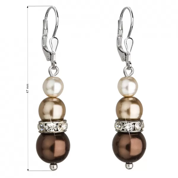 Strieborné náušnice visiace so syntetickými perlami a kryštálmi Swarovski hnedé okrúhle 31150.3