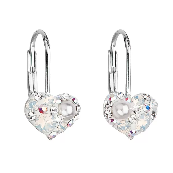 Strieborné náušnice visiace s kryštálmi Swarovski biele srdce 31125.9