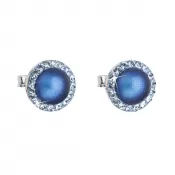 Strieborné náušnice pecka s kryštálmi Swarovski a tmavomodrou matnou perlou okrúhle 31214.3