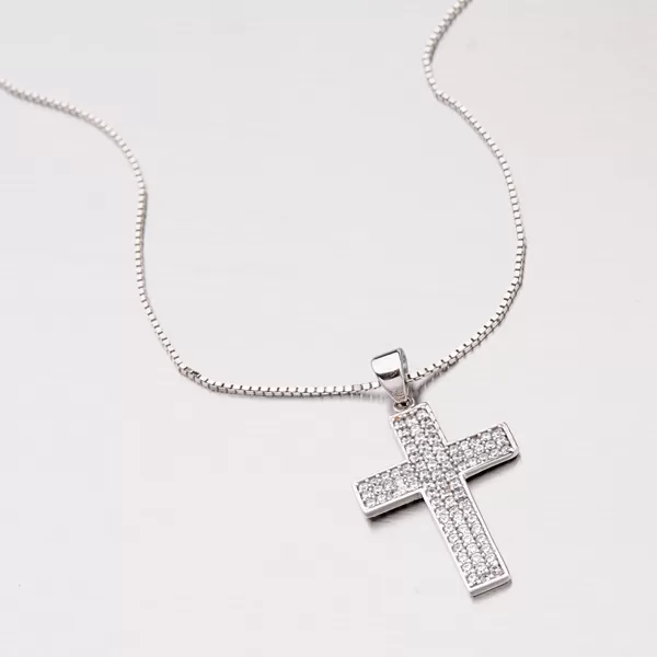 Zlatý prívesok v tvare kríža so zirkónmi 147-0607