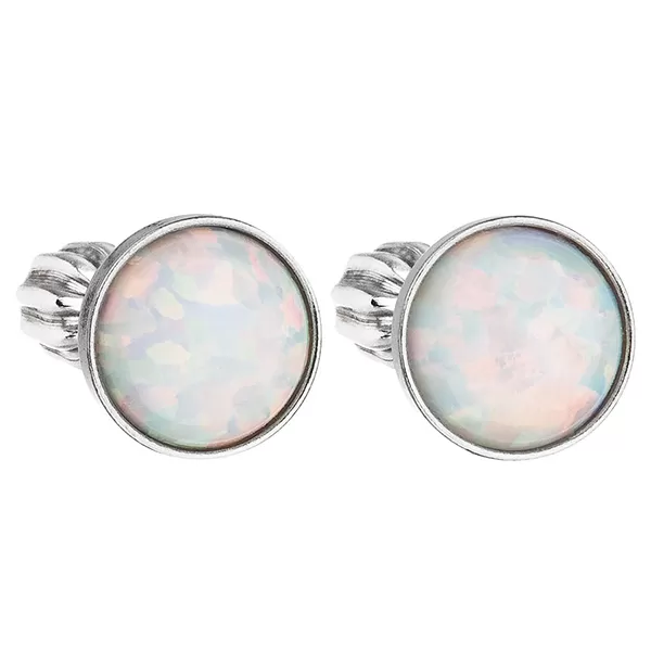 Strieborné náušnice kôstky so syntetickým opálom biele okrúhle 11001.3