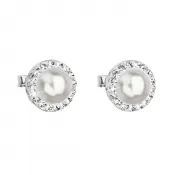 Strieborné náušnice pecka s kryštálmi Swarovski a bielou perlou okrúhle 31214.1
