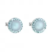 Strieborné náušnice pecka s kryštálmi Swarovski a svetlo modrou matnou perlou okrúhle 31214.3