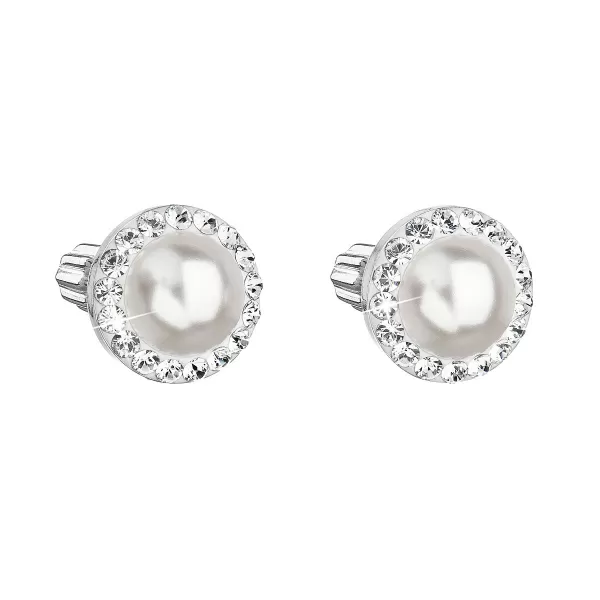 Strieborné náušnice pecka s kryštálmi Swarovski a bielou perlou okrúhle 31314.1