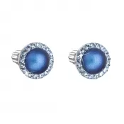 Strieborné náušnice pecka s kryštálmi Swarovski a tmavomodrou matnou perlou okrúhle 31314.3