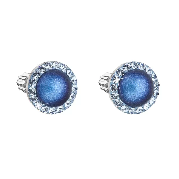 Strieborné náušnice pecka s kryštálmi Swarovski a tmavomodrou matnou perlou okrúhle 31314.3