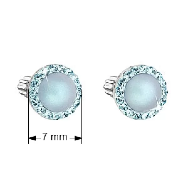 Strieborné náušnice pecka s kryštálmi Swarovski a svetlo modrou matnou perlou okrúhle 31314.3